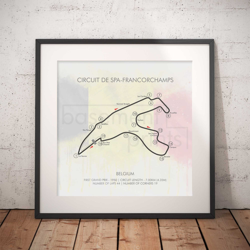 Framed poster of Circuit de Spa-Francorchamps layout on a brick wall background

