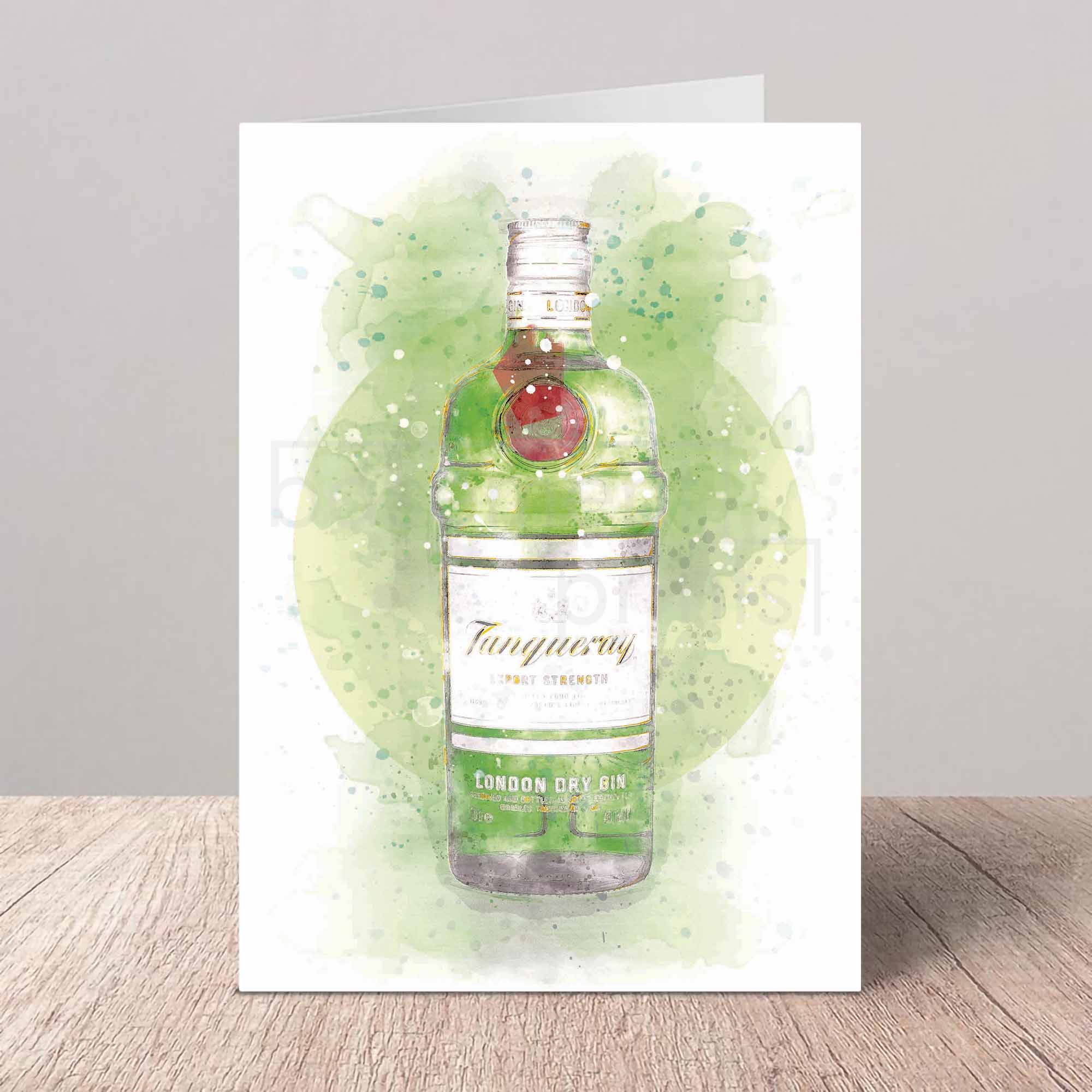 Tanqueray Dry gin bottle on a watercolour splash background with a gray border