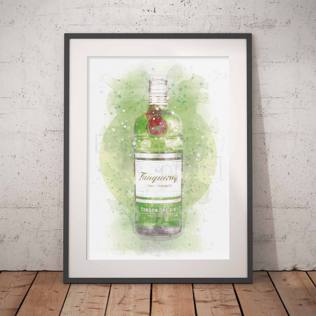 Framed artwork of a Tanqueray gin bottle on a white background with a green splash.