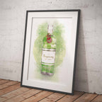 Framed artwork of a Tanqueray Dry gin bottle with a green label on a white background