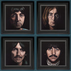 Four framed portraits of each member of The Beatles on a blue background