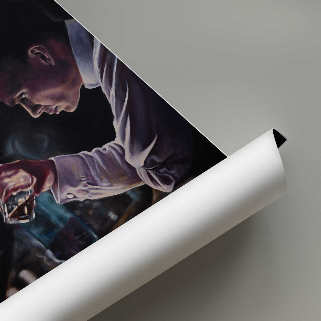 Roll of white paper with a dark artwork of Thomas Shelby from Peaky Blinders holding a whisky glass.