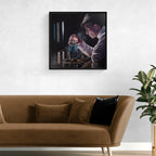 Framed artwork of a person holding a glass above a table with a plant on the right side.