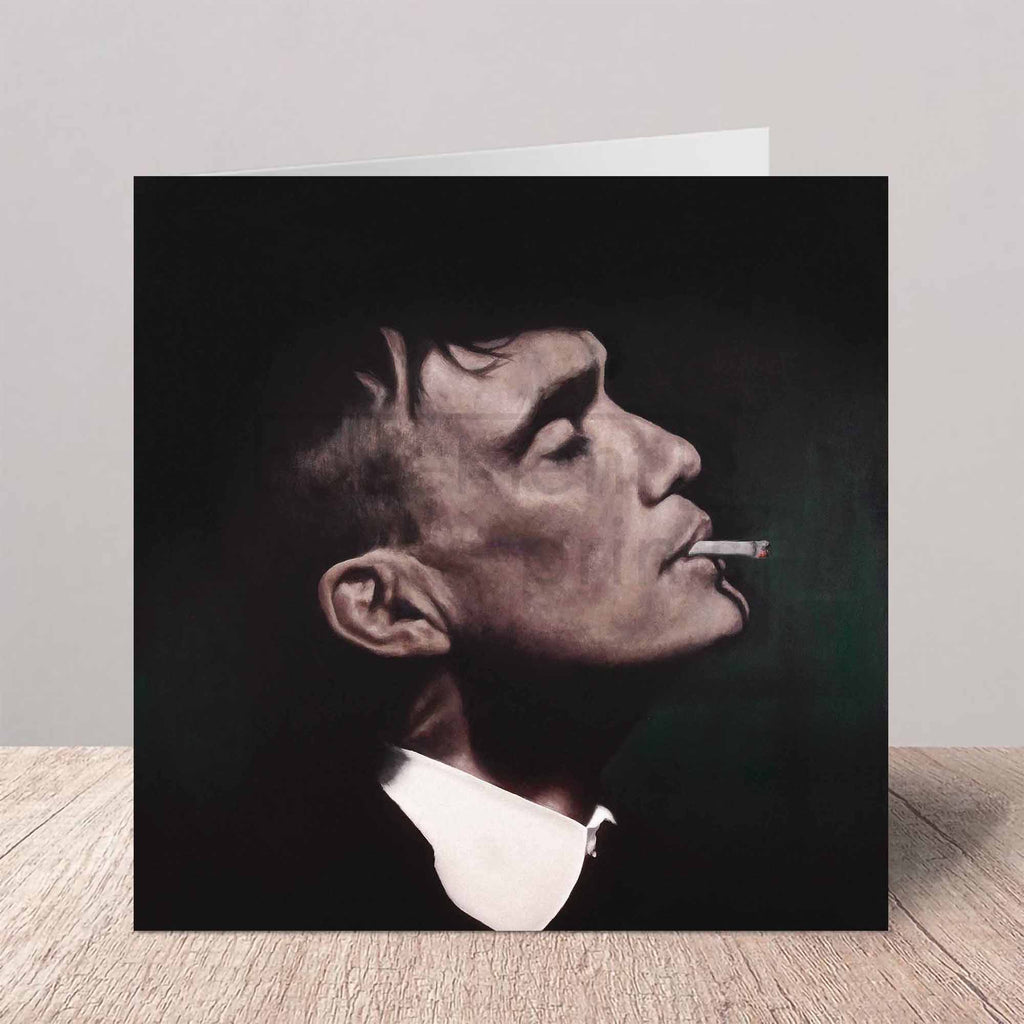 Greeting card of Thomas Shelby smoking a cigarette on a white background.