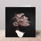 Greeting card of Thomas Shelby smoking a cigarette on a white background.