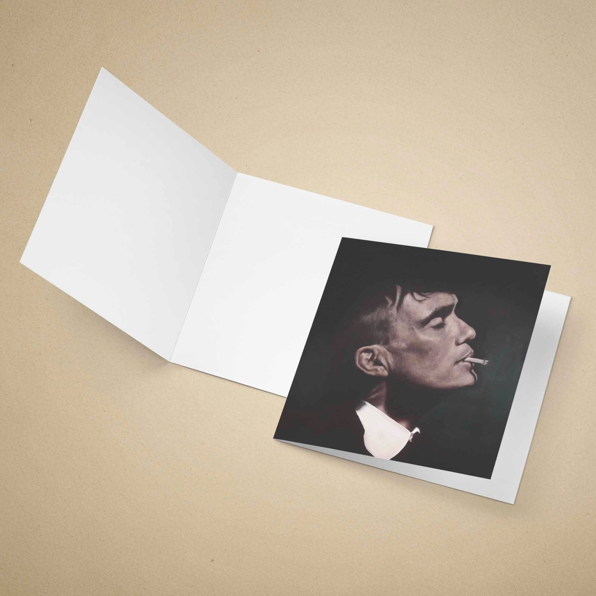 Greeting card of Thomas Shelby smoking a cigarette on a beige background.