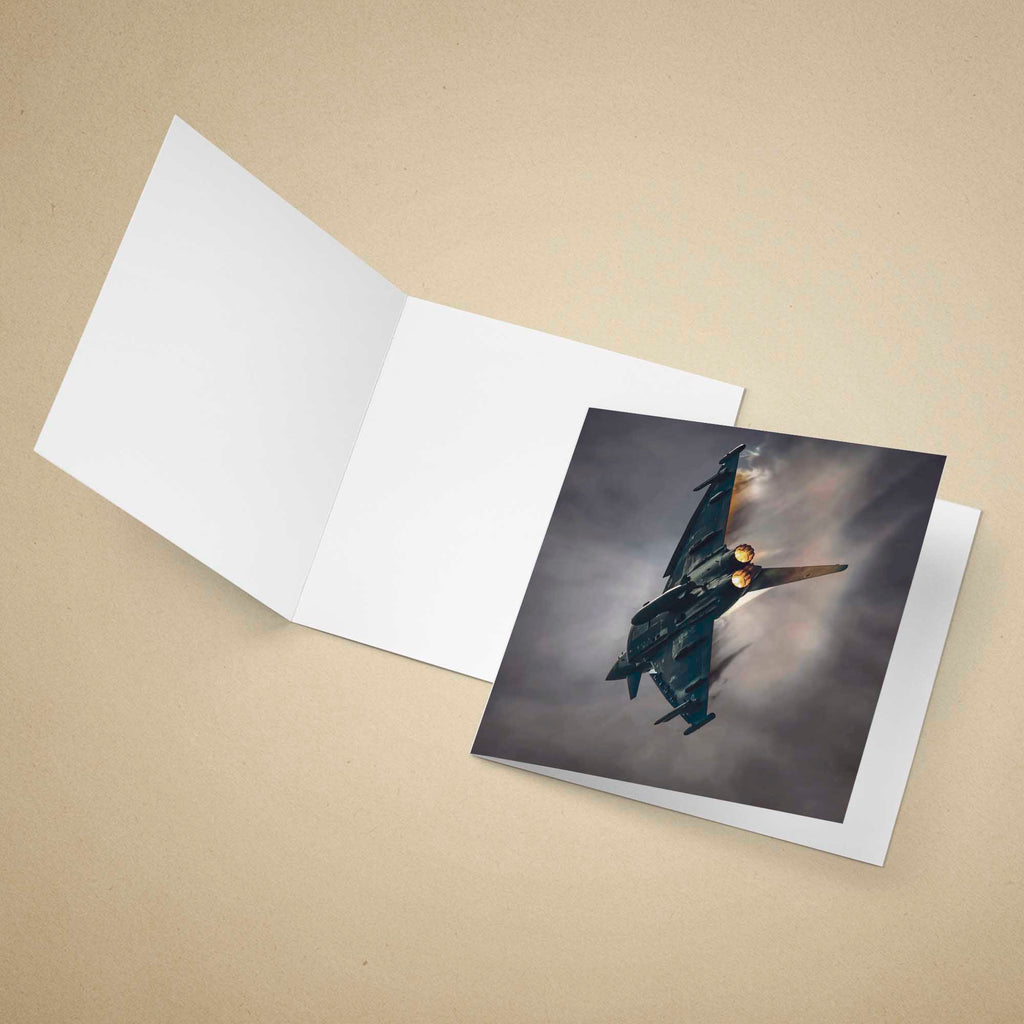 Greeting card with a Typhoon fighter jet on a dark background, open to reveal the design.