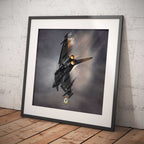 Artwork of a Eurofighter fighter jet against a cloudy sky on a wooden floor with a concrete wall background.