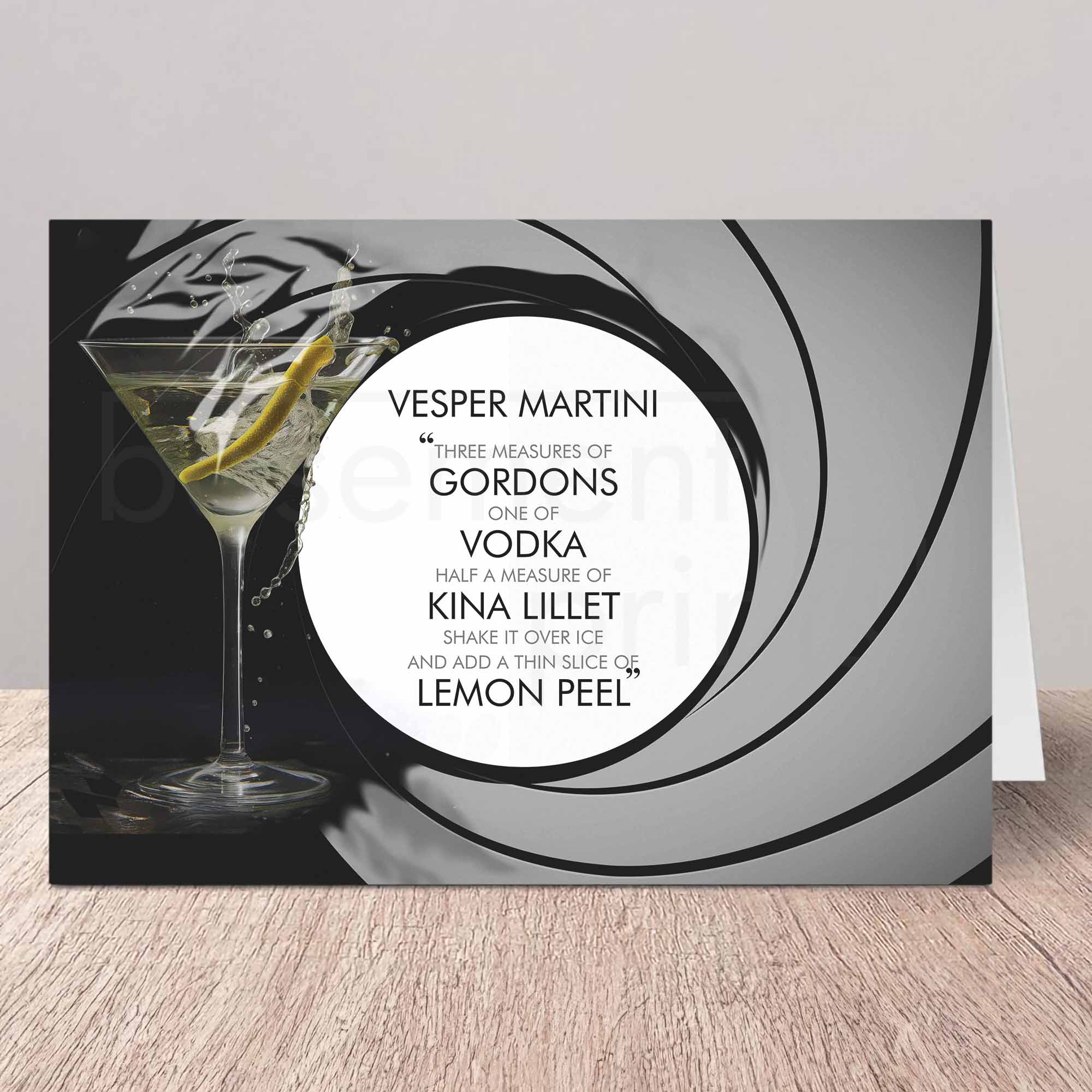 Vesper Martini recipe card with a martini glass and recipe text on a gray background