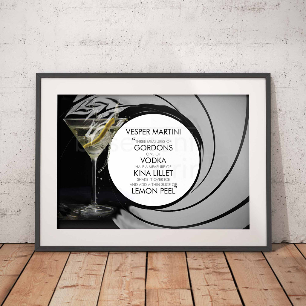 Framed Vesper Martini cocktail recipe print on a brick wall background
