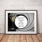 Framed Vesper Martini cocktail recipe print on a brick wall background