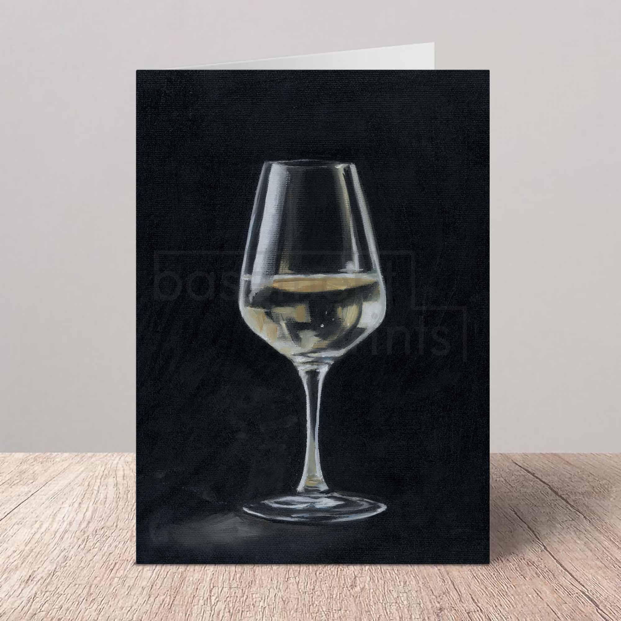 Greeting Card with an oil painted white wine glass on a black background.