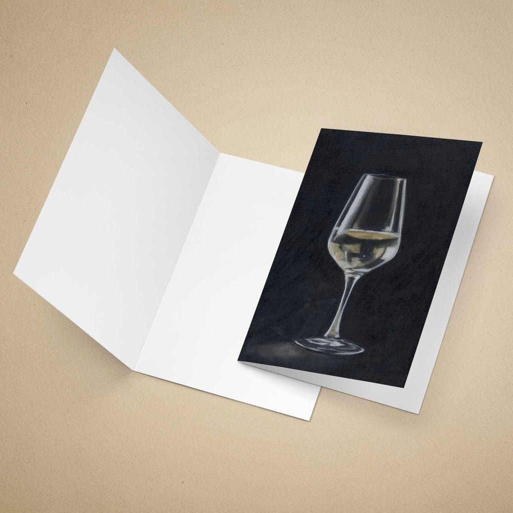 Greeting Card with a dark oil painted white wine glass on a beige background.