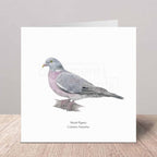 Greeting card with a wood pigeon illustration on a white background